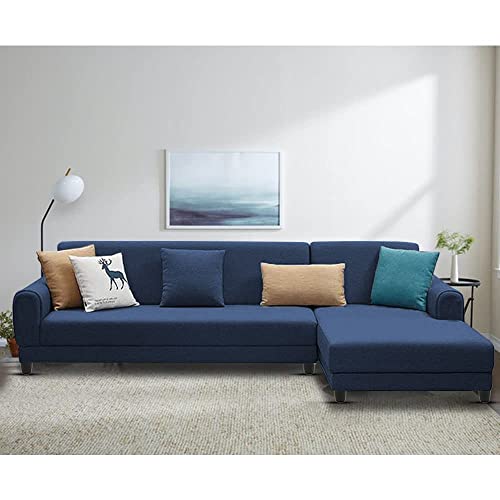 Image of Kraven RHS 6 Seater L Shape Sofa Set for Living Room (Blue Fabric)