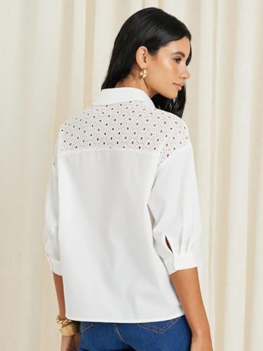 Image of Styli Women Schiffli Yoke Extended Sleeves Spread Collar Relaxed Fit Casual Shirt | Stylish Casual Shirt for Office, Party Outfits