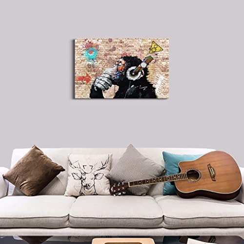 Graffiti Wall Decor Banksy Canvas Wall Art Print Dj Thinking Monkey With Headphones Painting Artwork Pop Street Graffiti Poster Framed Colorful Picture For Home Music Room Decoration - 12X18 Inch #TOP2