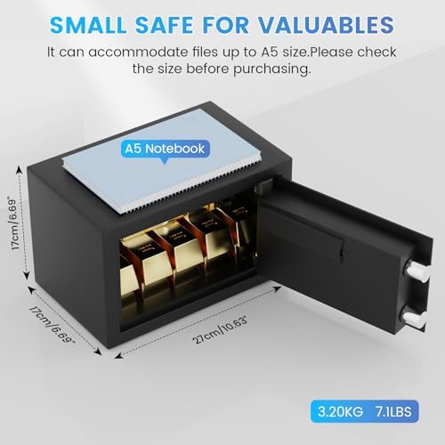 Small Safe Box, 0.3 Cuft Home Safe with Fireproof Waterproof Bag for College Dorm Room, Digital Money Box with Electronic Keypad, Spare Keys and Alarm System, Hidden Safes for Cash, Jewelry, Medicine