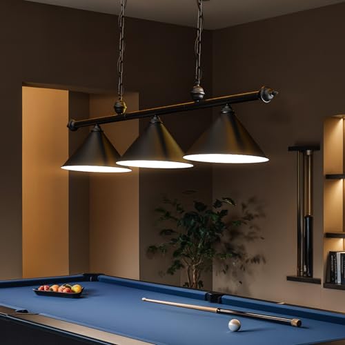 Solvita 3-Shade Pool Table Light for 7/8/9ft Billiard Tables, 59' Black Metal Hanging Industrial Fits Standard Bulbs- with Adjustable Chains for Large Game Room Long Kitchen Island