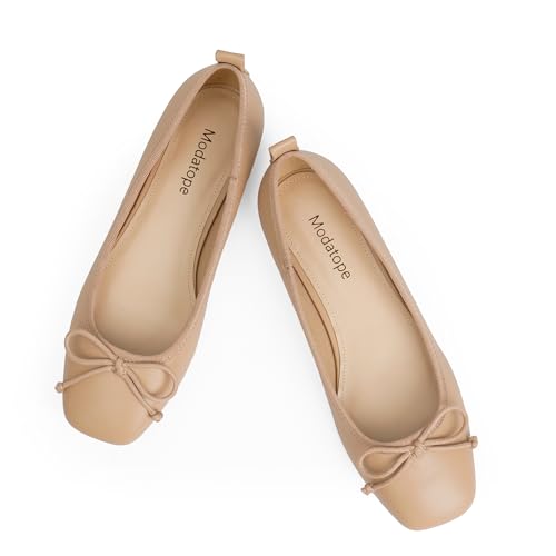 Modatope Nude Flats for Women Dressy Ballet Ballerina Bow Bowknot Closed Square Toe Slip on Flats Shoes Size 9