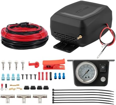 maXpeedingrods On Board Air Compressor System Universal Air Spring Bag Controller Kit Compressor Kit with Gauge Air Line T Fittings for Trucks Pickups Vans