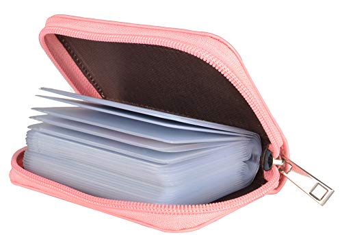 Image of Easyoulife Genuine Leather Credit Card Holder Zipper Wallet With 26 Card Slots (Pink)