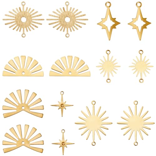 SUNNYCLUE 1 boîte 56 pièces 7 Styles Connecteur en Laiton Breloque en Vrac Lien Doré Breloques en Métal Doré Creux Soleil Yeux Étoiles 2 Trous...