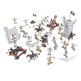 El juego incluye: 12 soldados dorados, 12 soldados plateados, 1 catapulta, 1 balista, 4 caballos y 4 caballerías