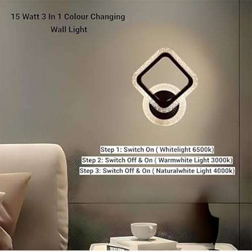 Image of SINOMAN Elegant Crystal Wall Light Decorative Sqaure Ring Design Sconce 3 Step Adjustable Color Changing, Soft Lighting for Living Room, Bedroom, Hallway, and Home Decoration (Inbuilt Led)