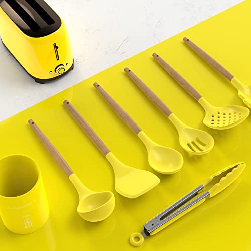 14 Pcs Silicone Cooking Utensils Kitchen Utensil Set - 446°F Heat Resistant,Turner Tongs,Spatula,Spoon,Brush,Whisk, Wooden Handles Yellow Kitchen Gadgets Tools Set For Nonstick Cookware (Bpa Free) #TOP5