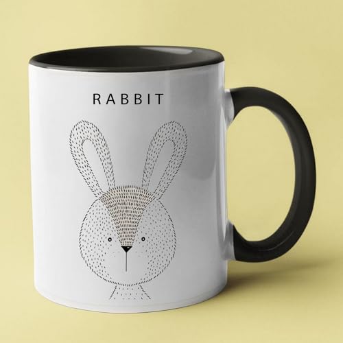 Taza de cerámica con diseño de conejo, mango negro, diseño minimalista blanco y negro