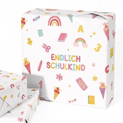 4 Blatt Geschenkpapier Einschulung 50x70 cm Boho Schulanfang Geschenkpapier mit Endlich Schulkind ABC 123 und Zuckertüte Motiven Geschenkverpackung für Schulbeginn Schulstart Party (Rosa)