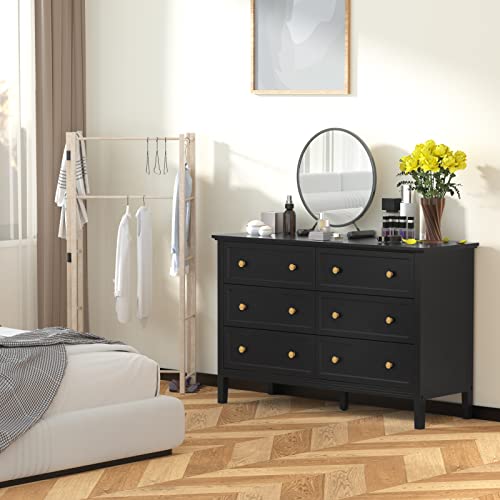 Carpetnal Black Dresser For Bedroom, Modern 6 Drawer Double Dresser With Wide Drawers And Metal Handles, Wood Storage Dressers & Chests Of Drawers For Hallway, Entryway #TOP2