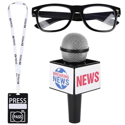 News Reporter Costume Accessories Set News Microphone Prop News Reporter Microphone Prop Press Pass...