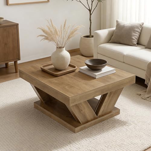 LITTLE TREE Coffee Table, Farmhouse Coffee Table with Large Storage Shelf, 2-Tier Rustic Wood Modern Center Table for Living Room, Home Office, Rustic Brown - Image 3