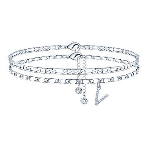 Image of Ursteel Ankle Bracelets for Women, 14K-Gold-Plated Dainty Layered Chain CZ Initial Anklets Set Summer Jewelry Gifts for Women