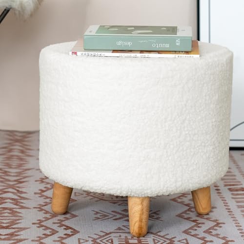Image of xuperbonus Round Ottoman with Wood Legs, Sherpa Ottoman Foot Rest with Replaceable Faux Fur Seat Cover, Round Foot Stool for Living Room, and Bedroom(White)