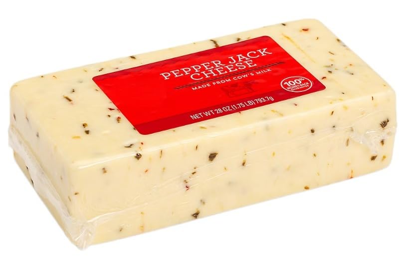 Monterey Jack cheese block is studded with fiery bits of hot pepper and jalapeno that add just the right amount of bite to your burritos. Spice things up into tacos, enchiladas, or grated onto a salad. Add some sizzle to your Sunday brunch omelet with just a whisper of peppery, cheesy goodness. [ 28 oz , 1.75 lb ]