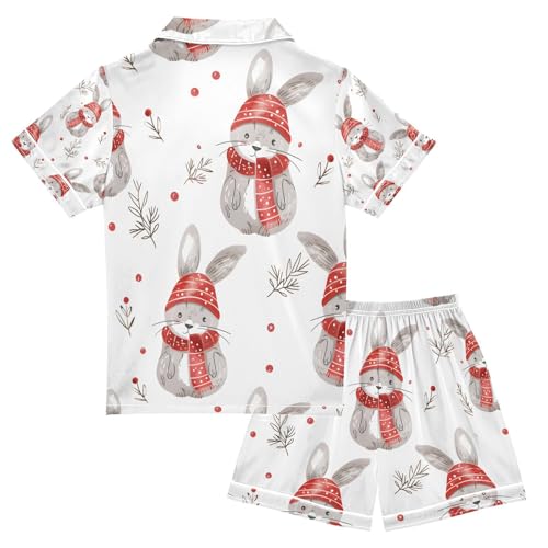 senya Cute Rabbit with Red Hats Satin Summer Pajama Sets Silk Short Sleeve Button Down Sleepwear2