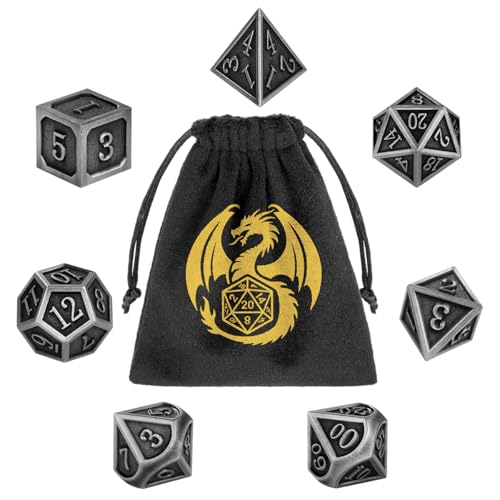 Metal Dice Set, 7pcs Polyhedral Metal DND Dice Set, DND Starter Set, D&D Gifts with Gift bag, Role Playing Board Games Accessories, Silver