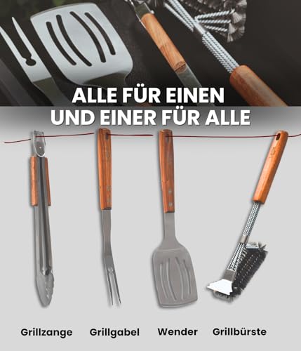 LEÓN Goods® : Grillbesteck Set [+Grillbürste] Grillzange, Grillwender, Grillgabel, Grillreiniger auch für Gasgrill! Grill Geschenkset aus Edelstahl und Akazienholz. (4-TLG.)