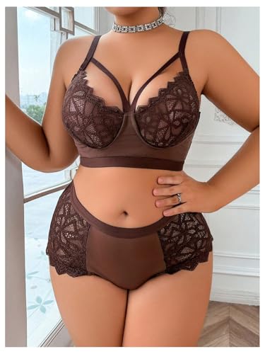 Image of MakeMeChic Women's Plus Size Lingerie Sets Contrast Lace Cut Out Wireless Bra and Panty Set