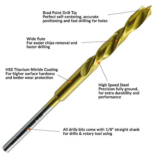 Nordwolf 7-Piece Hss Titanium Nitride Brad Point Wood Drill Bit Set, With 1/8" Straight Round Shank For Rotary Tools, Sae Sizes 3/32"-1/8"-5/32"-3/16"-1/4" In Storage Box #TOP2