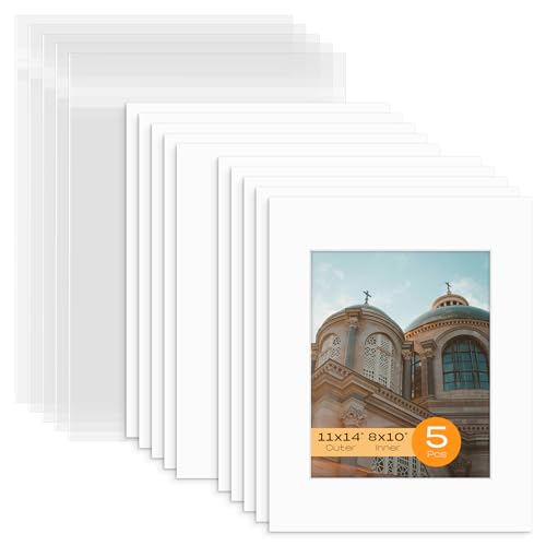 Mat Board Center, Pack of 5 Bevel Cut 11x14 White Mat for 8x10 Photo with White Core Matte Set, Includes 5 Acid Free Mats, 5 Backing Board and 5 Clear Bags