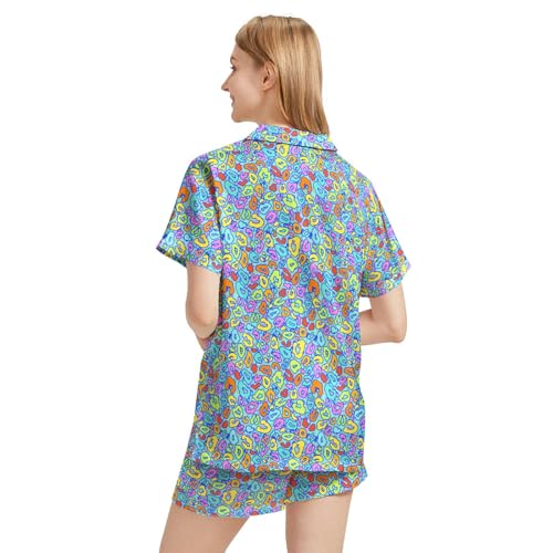Image of Funny Pajamas for Women Set Print Satin Loungewear Pjs Short Sleeve Button Down Top and Shorts Sets Sleepwear XS-3XL