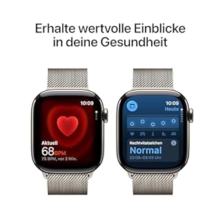 Apple Watch Series 11 GPS + Cellular 42 mm Smartwatch mit Titangehäuse in Natur und Milanaise Armband in Natur, Schlafindex, Fitnesstracker, Gesundheitsüberwachung, Always-On Display, Wasserschutz