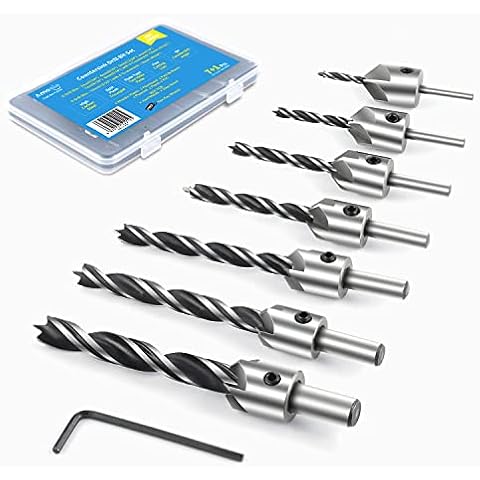 amoolo Countersink Drill Bits Set 7Pcs, Counter Sink Drill Bit for Wood, Woodworking High Carbon Steel Carpentry Bit with Chamfering Combination Pedestal, 1 Free Hex Key Wrench Attached Cover