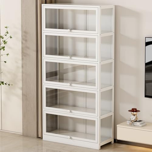 Image of 5-Tier Display Cabinet with Acrylic Glass Door Curio Display Case for Collectibles Toy Organizers Rack & Display Shelf Kids Bookshelf for Home, Office, Playroom, Living Room（White）