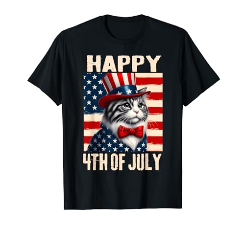 Happy 4th Of July Cute Cat Patriotic Usa Flag Vintage Cat T-Shirt
