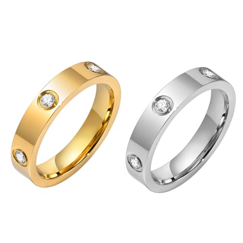 RIXERKOC 2Pcs Anillos de Amor Mujer 18K Chapado en Oro Circonita Anillo de Acero Inoxidable Alianzas de Boda Joyería San Valentín Madre Cumpleaños Regalos para Mujeres Niñas (Oro&Plata, 9)