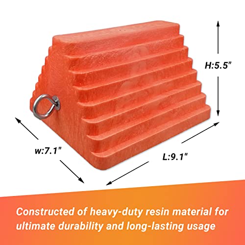 Image of HOXWELL 2 Packs Wheel Chocks Heavy Duty Orange with Eyebolt, Vehicle Chock for Travel Trailers, Camper, Truck, Car and ATV, 9.1 inch Length x 7.1 inch Width x 5.5 inch Height