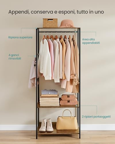 SONGMICS Guardaroba, Stand Appendiabiti, Armadio Aperto con Aste per Appendere, Ripiani Portaoggetti, Ganci Rimovibili, 60 x 40 x 181 cm, Marrone Vintage RGR006B01 - Immagine 2