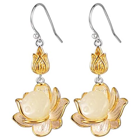 MIYUAN Gold Plated 925 Sterling Silver Vintage Inlaid Jade Lotus Dangle Earrings Cover