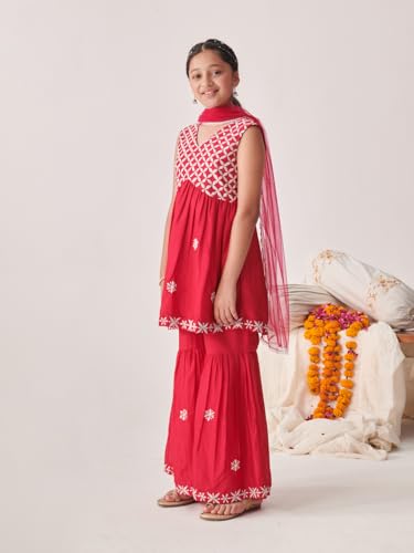 Pspeaches Girl's Silk Blend Sharara Set (Sha-Redchikankari-8-10Y_Red