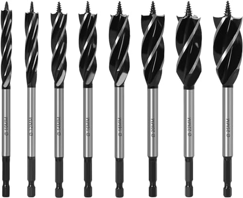 KEWAYO 8Pcs Auger Drill Bit Set Woodworking Drill Bit Set, 10-25mm Four-Slot Four-Edge Auger Drill Bit, Hex Shank Woodworking Drill Bit, for Softwood, Hardwood, Plastic