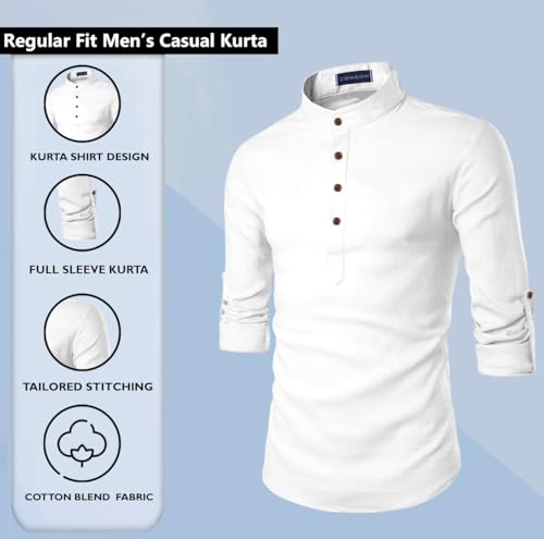 Image of Zombom Men's Cotton Blend Solid Casual Regular Fit Mandarin /Chinese Collor Short Full Sleeve Kurta for Men