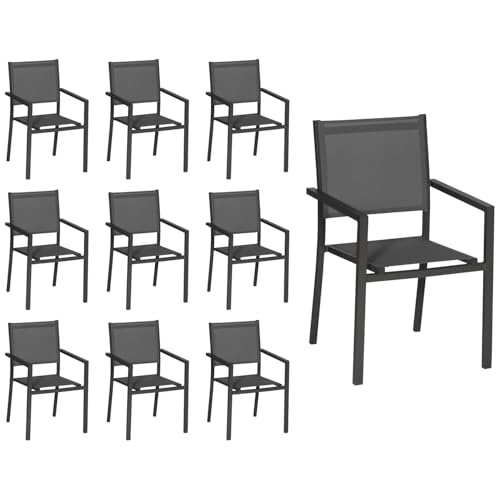Happy Garden Lot de 10 chaises empilables en Aluminium Anthracite et textilène Gris