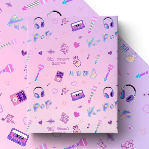 GleeWrap K Pop Wrapping Paper Korean Pop Inspired Music Gift Wrap for Teen Girls Birthday with Pink and Purple Microphones Headphones Finger Hearts and Idol Style Designs 4 Sheets 50 x 70 cm
