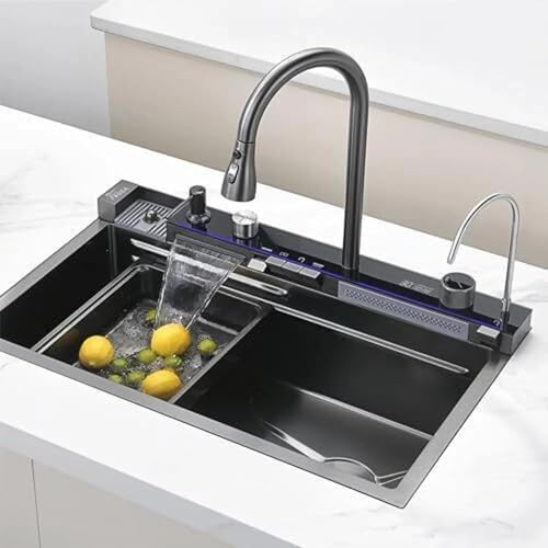 Image of Fosaa Smart Piano Waterfall Kitchen Sink 30 inchx18 inchx9 inch 5-Year Warranty Pure Premium 3.0 mm Collar-thick Stainless Steel with Pull-Down Faucet, LED Panel & Display | Black Honeycomb Finish (5 Button)