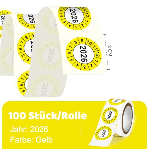 100 Stück Jahresprüfplakette 2026 Prüfplaketten 20 mm Gelb Prüfaufkleber Aufkleber Auf Rolle Vinylfolie Selbstklebend Prüfsiegel Wartungsetiketten Prüfplakette Leitern und Tritte für Prüfung