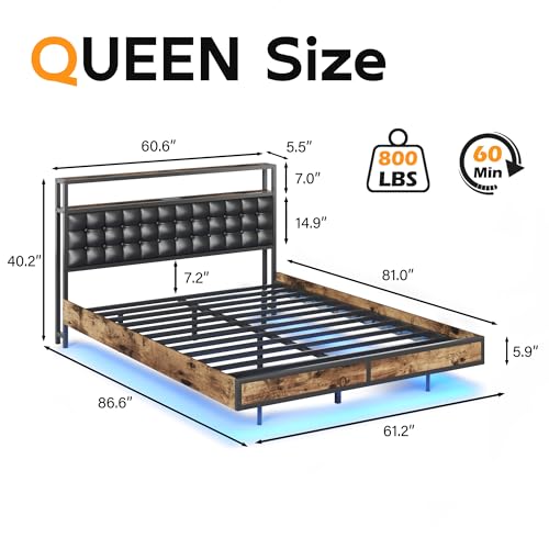 Image of HISOFT Floating Queen Bed Frame with 2-Tier Storage Headboard, Metal Queen Bed Frame with Charging Station & LED, Faux Leather, No Box Spring Needed, Noise Free, Easy to Assemble, Black Square
