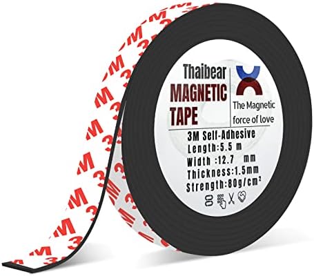 Magnetic Tape, Flexible Magnet Tape Strips Roll (1/2'' Wide x 18 ft Long) with Strong 3M Adhesive Backing, Perfect for DIY, Art Projects, whiteboards & Fridge Organization