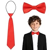 URAQT Corbatas y Pajaritas de Satén para Niños, Juego de 2 piezas de Corbata y Pajarita Preatada Infantil, Corbata Formal con Cordón Elástico y Pajarita Ajustables con Hebilla Preabrochada (Rojo)