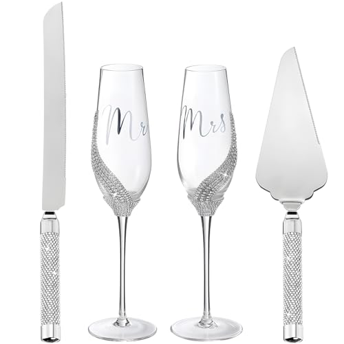 Sratte 4 Pcs Wedding Cake Knife and Champagne Flutes Server Set, Toasting Crystal Rhinestone Champagne Flutes Glasses Cake Knife Pie Server Wedding Gifts for Couple Bride Groom (Silver)