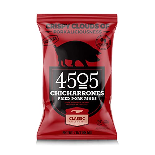 4505 Meats Classic Chili & Salt Pork Rinds, Gluten Free Chicharrones, Keto Certified, Family Size Bag, 14 Servings, 7 Ounces