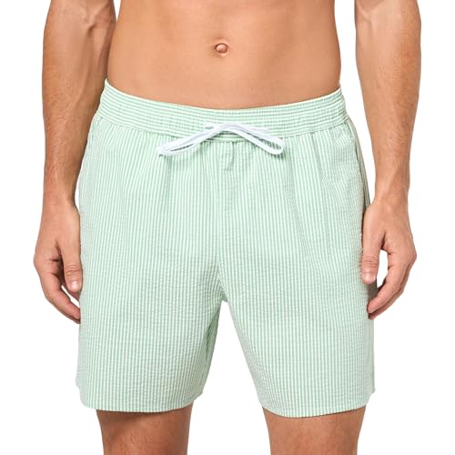 Lacoste Men's Striped Seersucker Swim Trunks, White & Green, Large