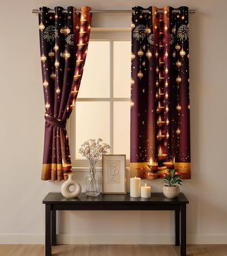 Image of Ultimate Trends Festival Themed Light Filtering Polyester Curtain Diya, Lantern, Lotus & Fireworks Print | Ideal for Diwali, Pooja Room, Living Room Dcor | Eyelets|, 9 FEET (Pack of 1)