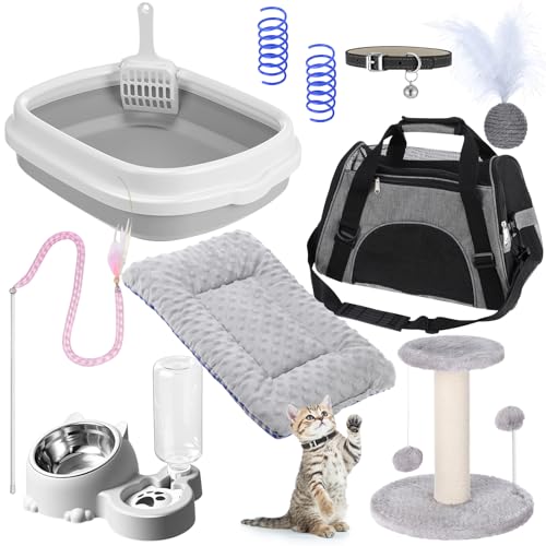 Eccliy Kitten Starter Kit, 10 Pcs Cat Starter Kit for Indoor Cats Kitten Essentials Includes Litter Box, Pet Toy, Folding Carrier, Climbing Frame, Mat, Collar, Automatic Food Bow(Cute,Gray)